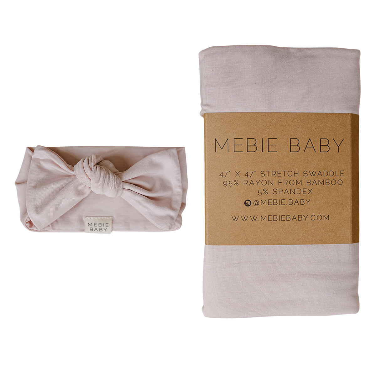 A folded baby swaddle blanket in a soft blush pink color, shown in two states: on the left as a knot head wrap. The brand 'Mebie Baby' is clearly printed on the band and a small tag on the bow.
