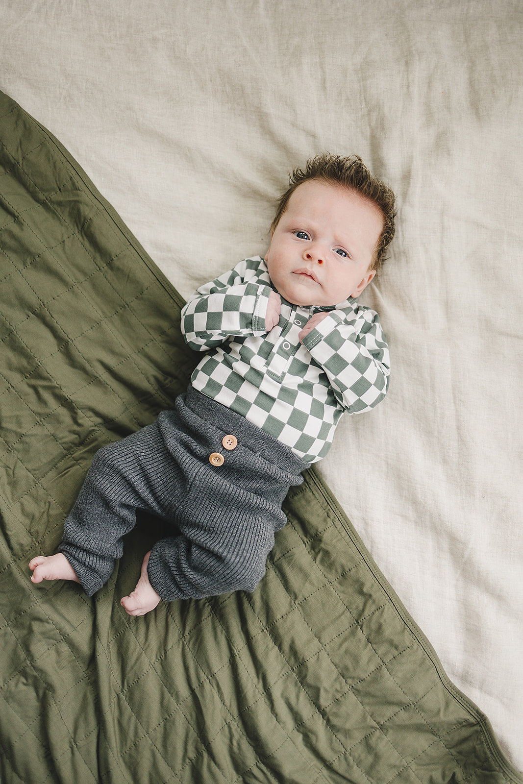 Green Checkered Snap Long Sleeve Bodysuit