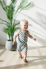 Charcoal Wavy Checkered Short Romper