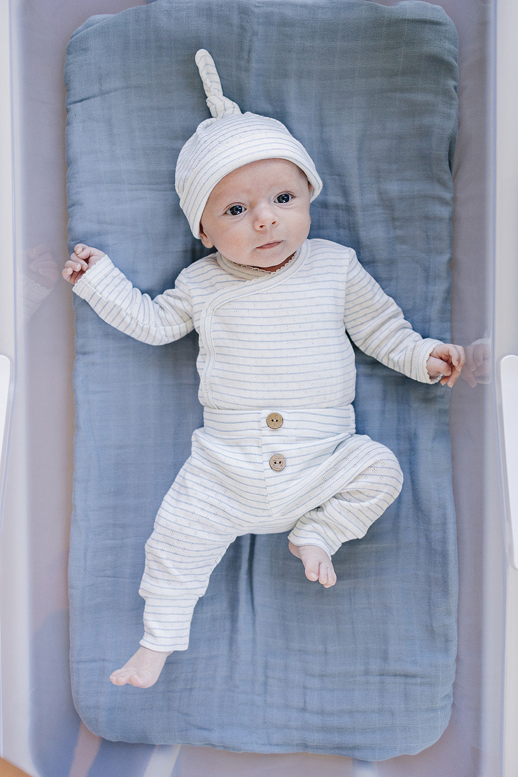 Blue Stripe Pointelle Cotton Newborn Knot Hat