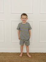 Navy Stripe Button Short Set