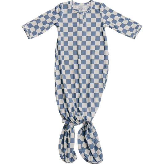 Blue Checkered Ribbed Bamboo Knot Gown