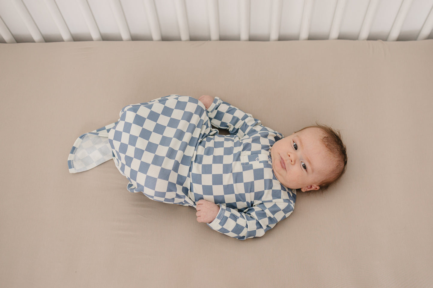 Blue Checkered Ribbed Bamboo Knot Gown